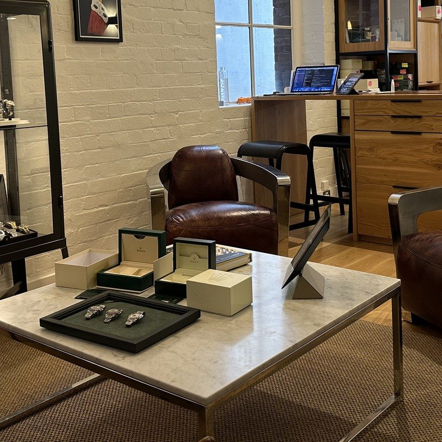 The client lounge at the Melbourne shop, watches presented at the table