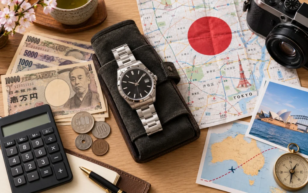 Concept illustration of a watch with Japanese yen, a Tokyo map and a calculator.