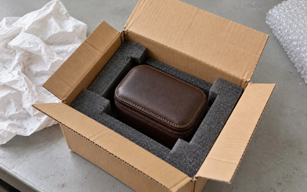 Generated illustration of a closed brown watch case protected inside a cardboard carton on a plain packing bench.