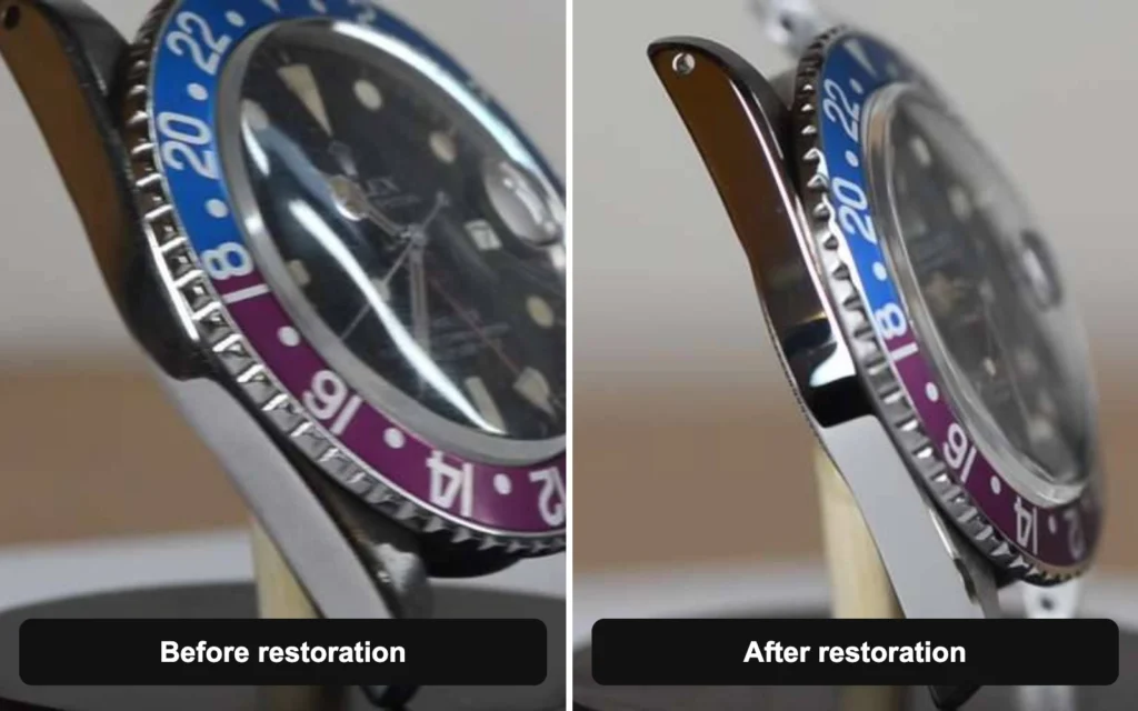 Two archive photographs of the same GMT-Master case before and after restoration.