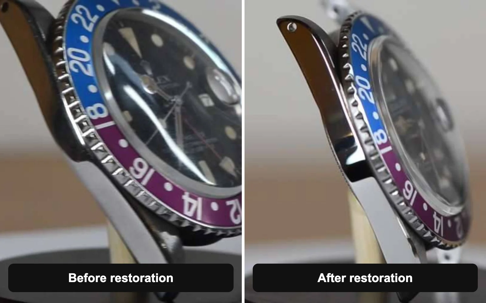 Two archive photographs of the same GMT-Master case before and after restoration.