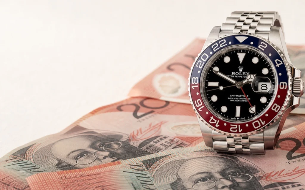 A Rolex watch photographed beside Australian banknotes.