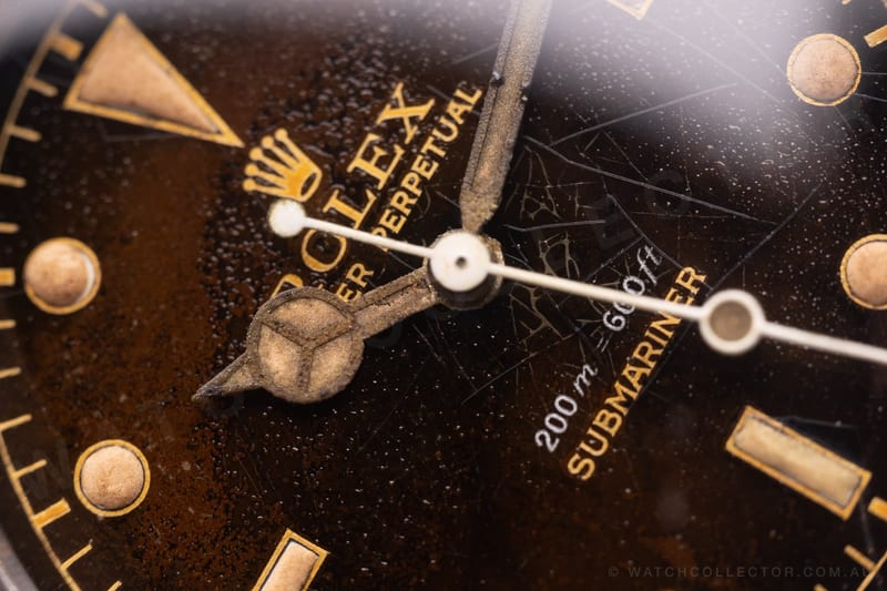 Tropical Submariner dial macro, untouched patina