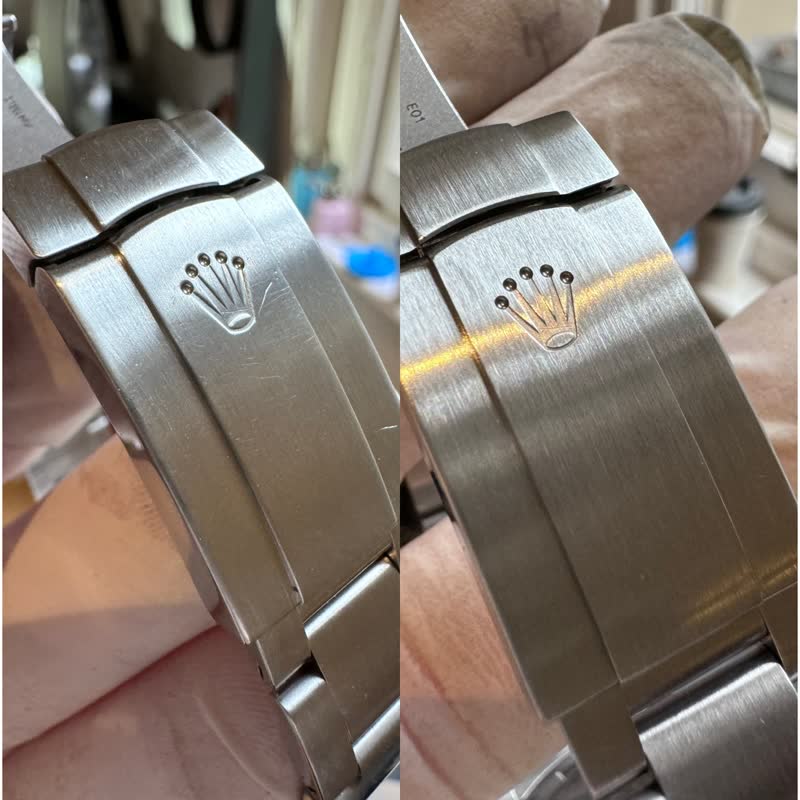 Steel Rolex clasp touch-up, before and after side by side