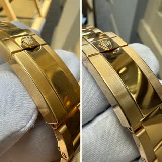 Gold Rolex clasp touch-up, before and after side by side