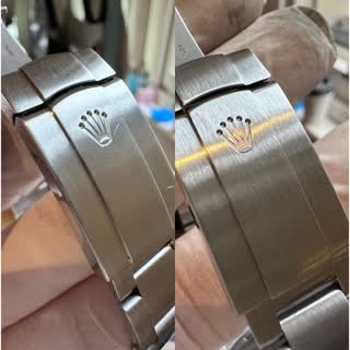 Steel Rolex clasp touch-up, before and after side by side