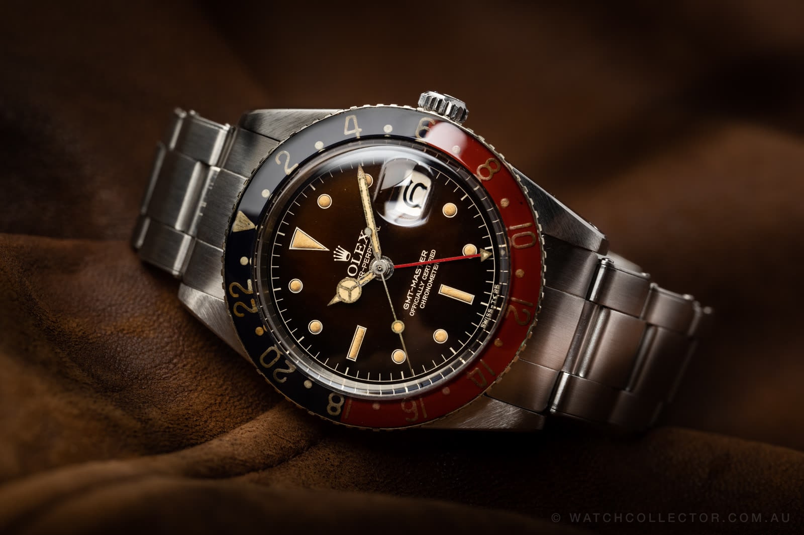 Vintage Rolex GMT-Master 6542 with tropical dial on leather